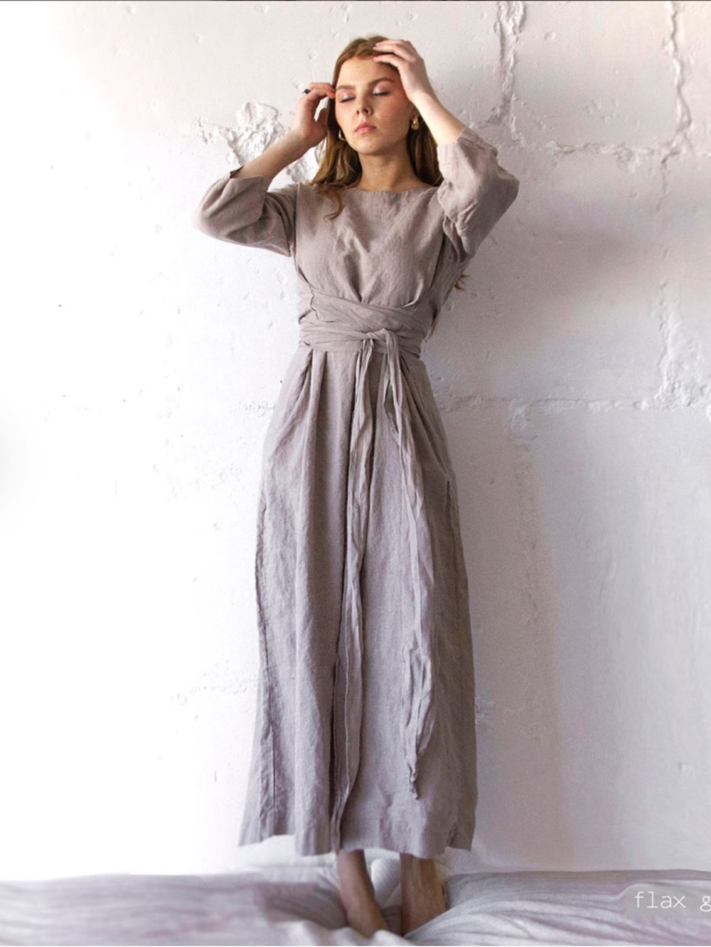 Women’s 100% Pure Linen Belted Wrap Charcoal Grey* Pocket Maxi Dress